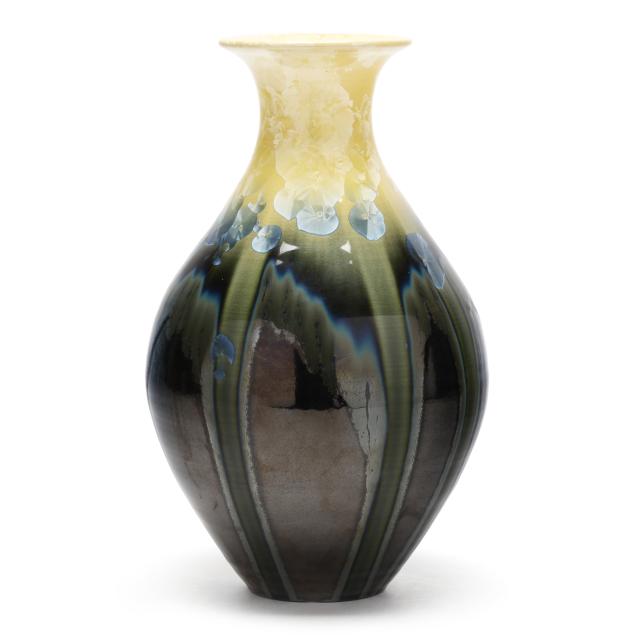 phil-morgan-seagrove-nc-yellow-and-green-crystalline-vase