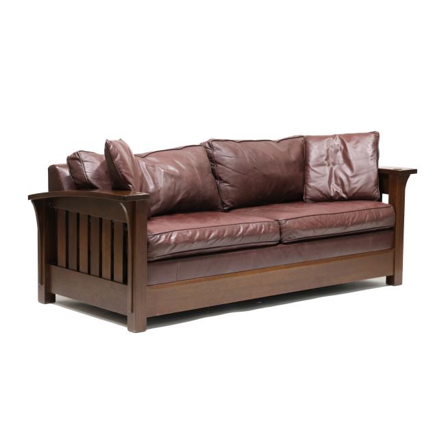 stickley-mission-oak-style-leather-sleeper-sofa