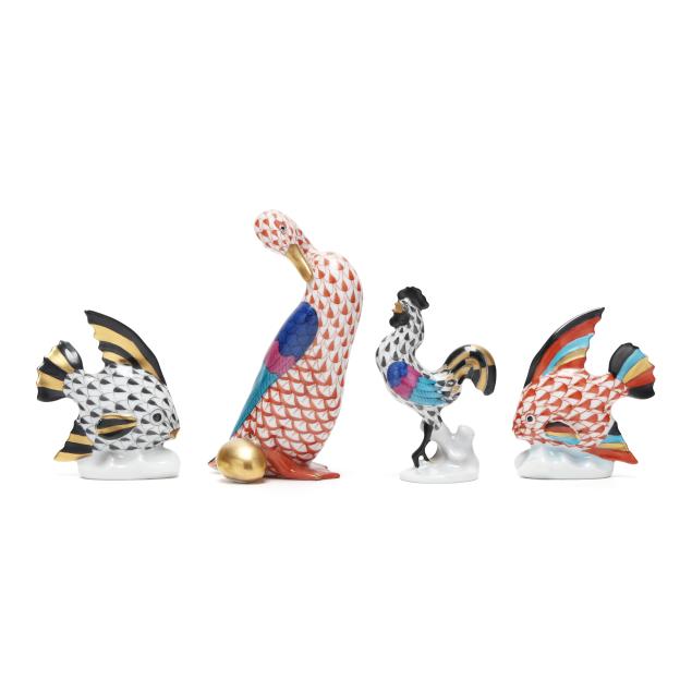 herend-a-collection-of-four-fishnet-fish-and-birds