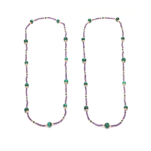 pair-of-amethyst-and-malachite-bead-necklaces