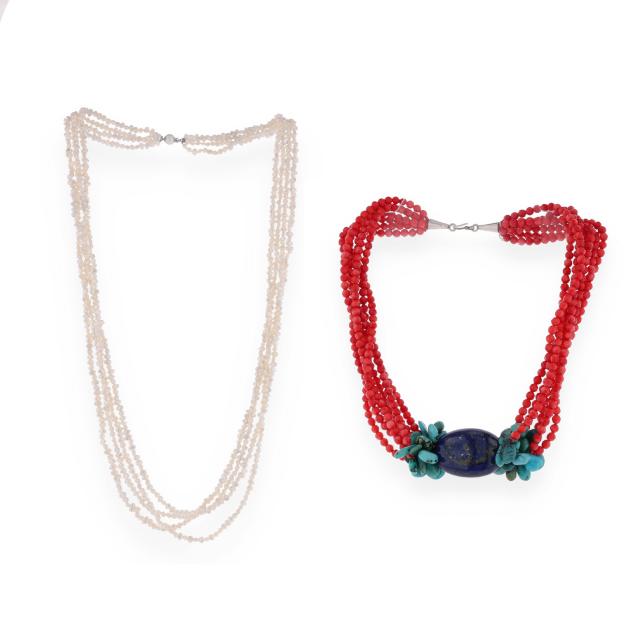 two-gem-set-and-multi-strand-necklaces-with-silver-clasps