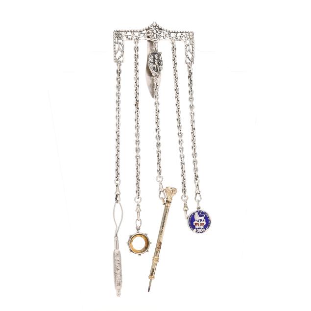 victorian-silver-chatelaine-with-gold-silver-and-silver-plate-pendants-tools