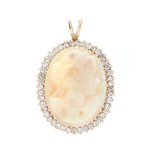 gold-carved-opal-cameo-and-diamond-pendant