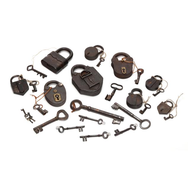 a-collection-of-nine-antique-and-vintage-padlocks-with-skeleton-keys