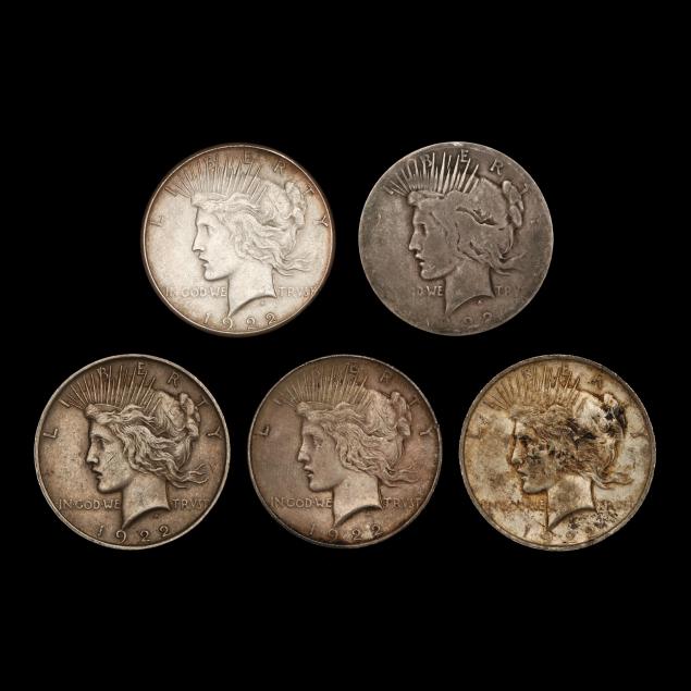 five-5-circulated-1922-peace-silver-dollars