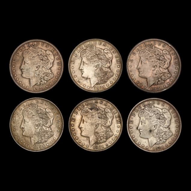 six-6-1921-morgan-silver-dollars