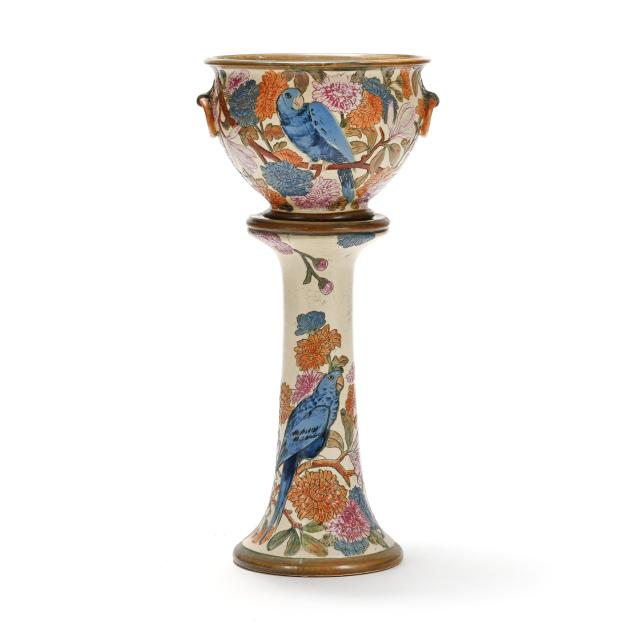 weller-pottery-parrot-and-floral-decorated-jardiniere-on-stand