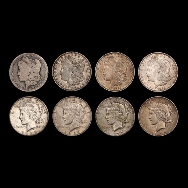 four-morgan-silver-dollars-and-four-peace-silver-dollars