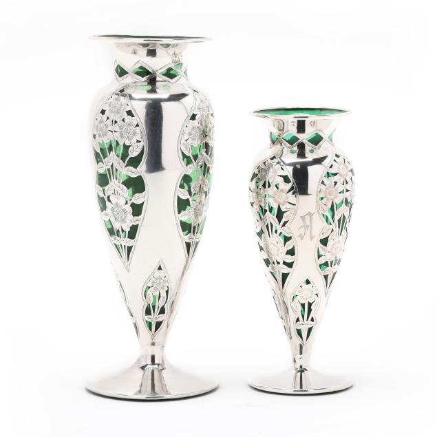 two-silver-deposit-and-green-glass-vases