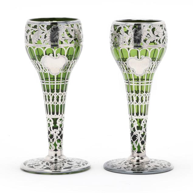pair-of-silver-deposit-and-green-glass-vases