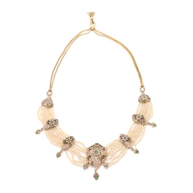 gold-filled-seed-pearl-and-emerald-multi-strand-necklace