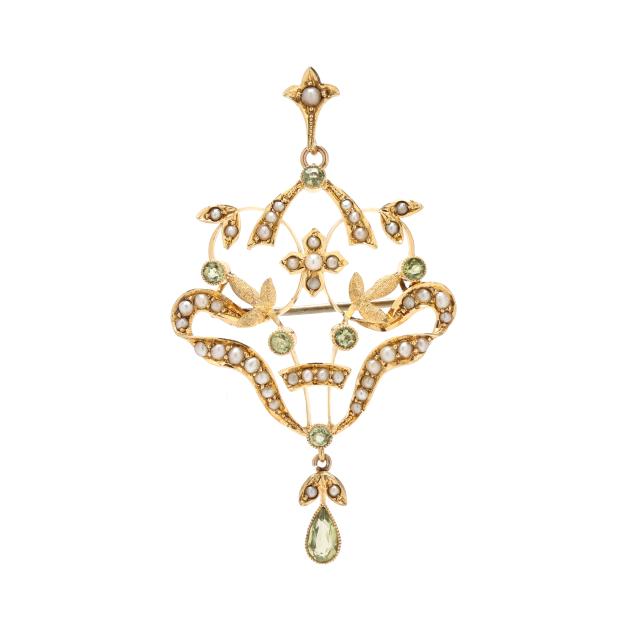 art-nouveau-gold-peridot-and-seed-pearl-brooch