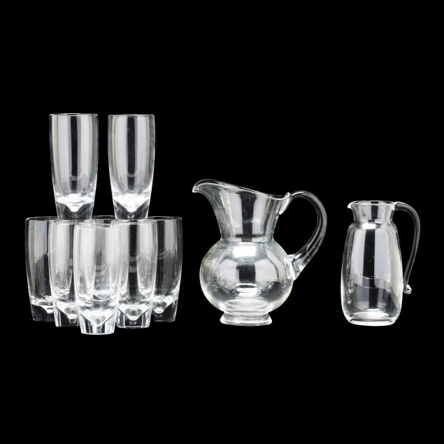 steuben-set-of-eight-clear-glasses-and-two-pitchers