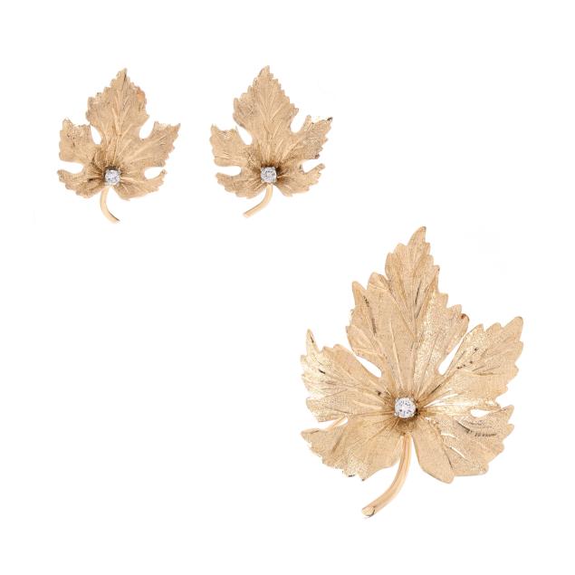 gold-and-diamond-leaf-motif-brooch-and-earrings-eckfeldt-ackley