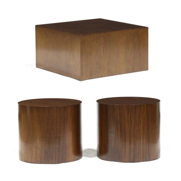 attributed-milo-baughman-pair-of-walnut-drum-tables-and-coffee-table