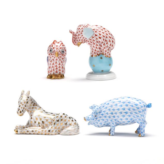 herend-four-fishnet-porcelain-animals-including-collector-s-guild