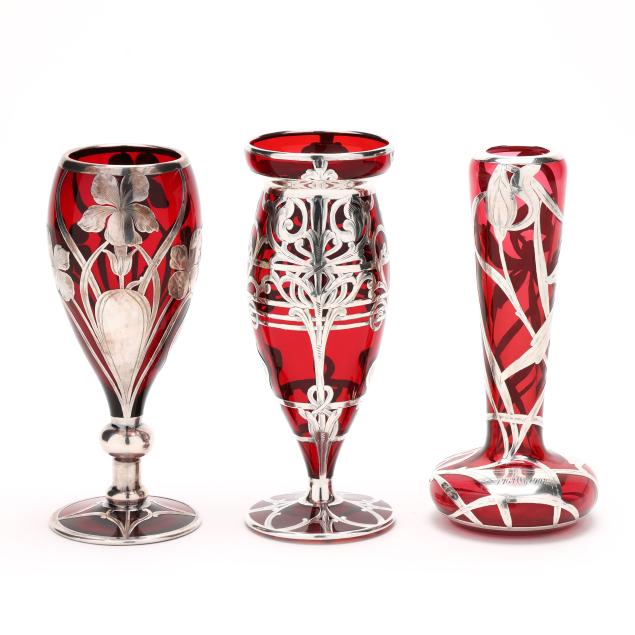 three-ruby-glass-sterling-silver-deposit-vases