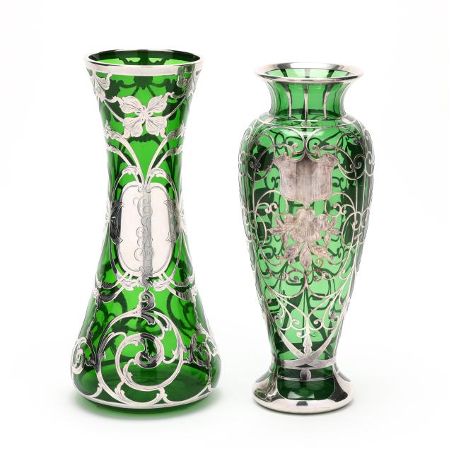 two-large-green-glass-sterling-silver-deposit-vases