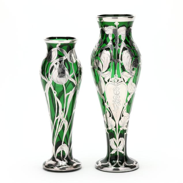 two-art-nouveau-sterling-silver-deposit-emerald-green-glass-vases