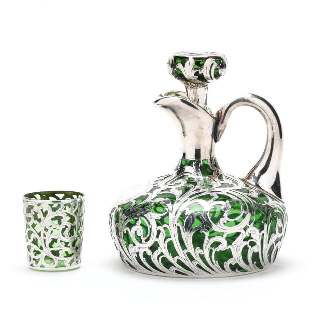 green-glass-spirit-decanter-and-cup-with-sterling-silver-deposit