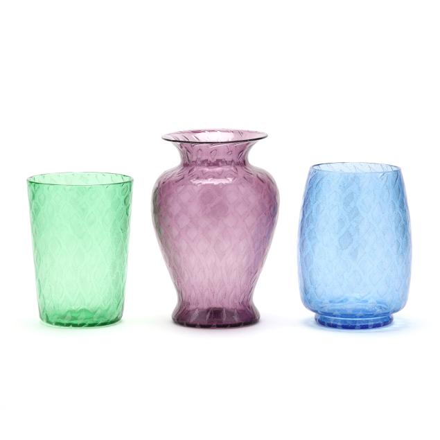 three-rare-steuben-diamond-air-trap-vases