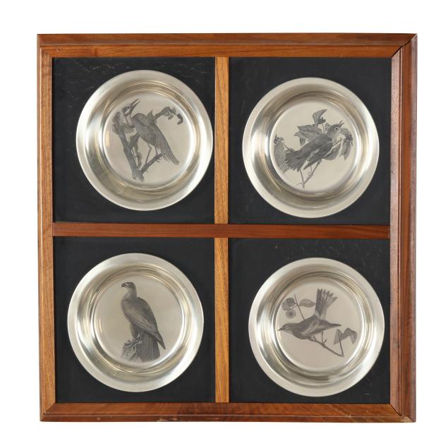 framed-set-of-four-franklin-mint-audubon-sterling-silver-bird-plates