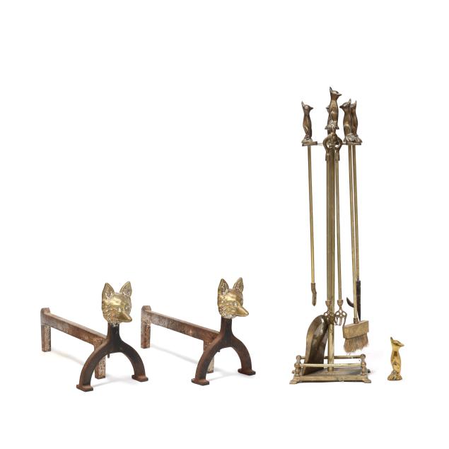 pair-of-fox-themed-andirons-and-suite-fireplace-tools
