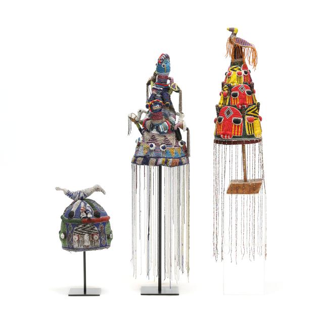 three-african-yoruba-beadwork-crowns-on-stands