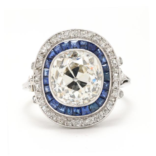 antique-platinum-3-69-carat-old-mine-cut-diamond-and-sapphire-ring