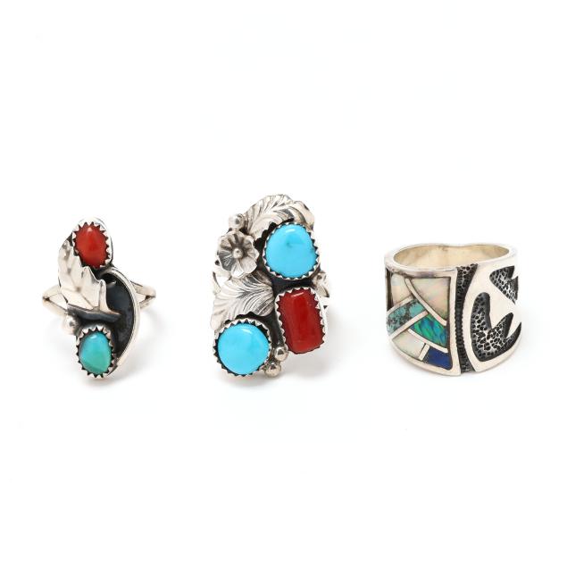 group-of-three-southwest-silver-and-gem-set-rings