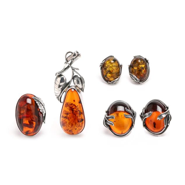 four-silver-and-amber-jewelry-items