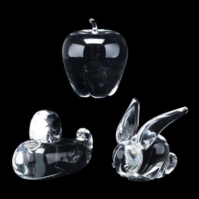steuben-duckling-rabbit-and-apple-crystal-paperweights