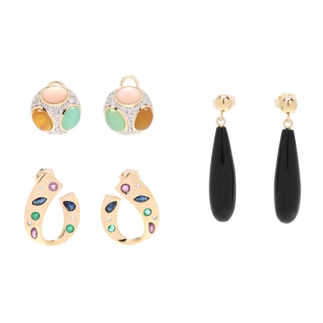 three-pairs-of-gold-and-gem-set-earrings