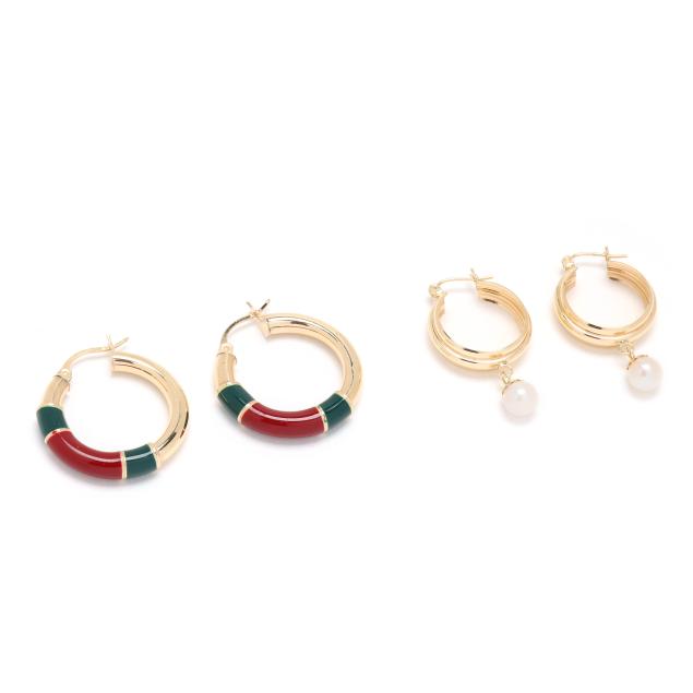 two-pairs-of-gold-and-gem-set-hoop-earrings