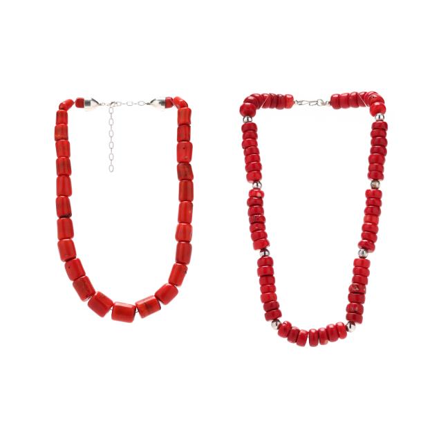 two-silver-and-coral-beaded-necklaces