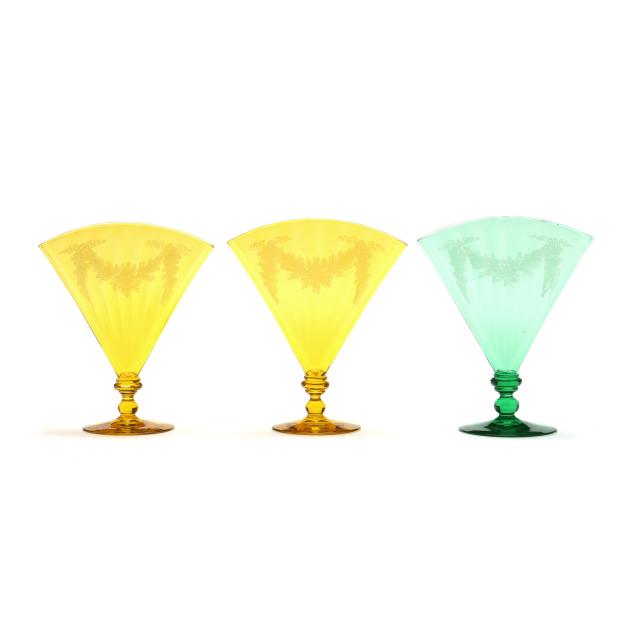 steuben-three-colored-glass-fan-vases-with-matching-engravings