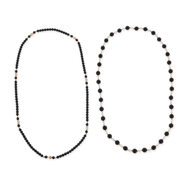 two-gold-tone-and-black-onyx-beaded-necklaces