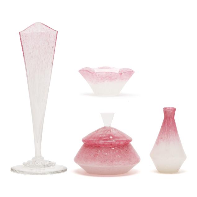 four-pieces-of-steuben-art-deco-pink-cluthra-glass
