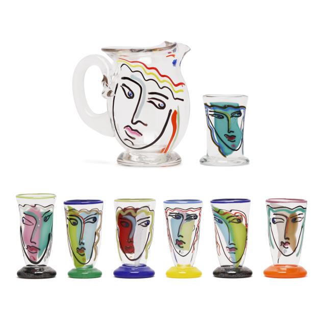 katherine-and-william-bernstein-nc-glass-face-pitcher-and-seven-glasses