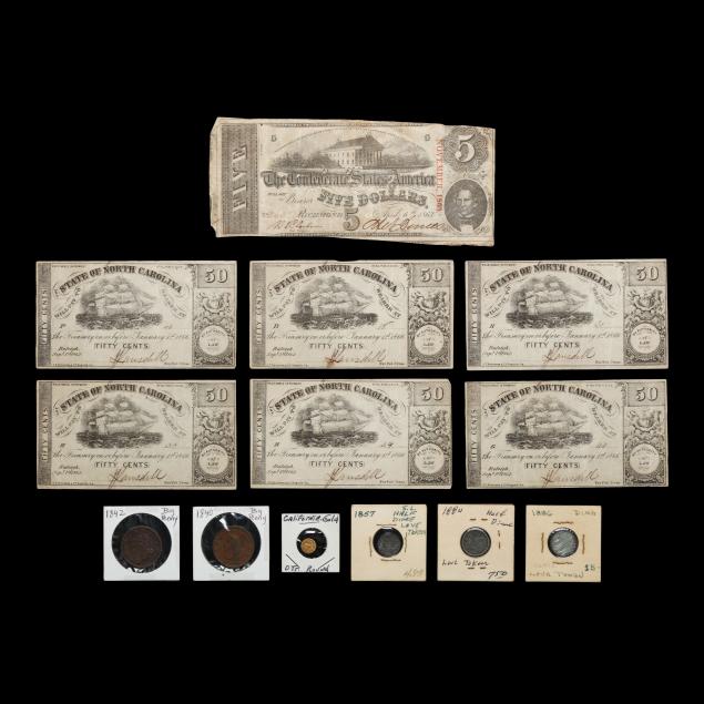 confederate-currency-with-six-19th-century-coins