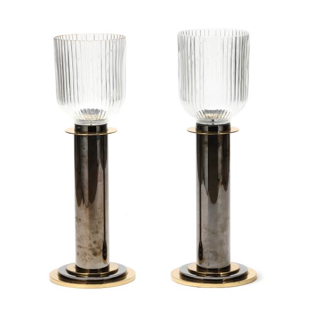 attributed-karl-springer-german-american-1931-1991-pair-of-tall-brass-and-gunmetal-hurricane-shade-table-lamp