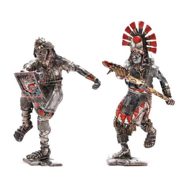 two-peruvian-silver-and-gem-set-incan-warrior-figures