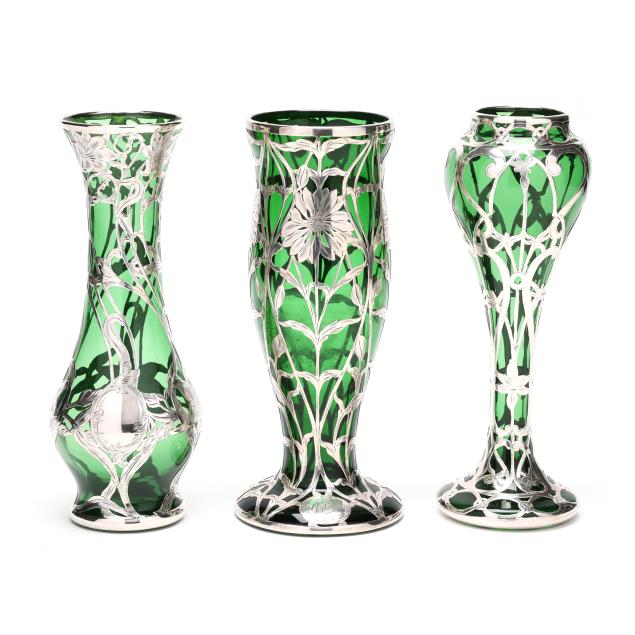 three-alvin-fine-silver-deposit-green-glass-vases