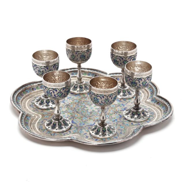persian-silver-cloisonne-cordial-and-tray-set