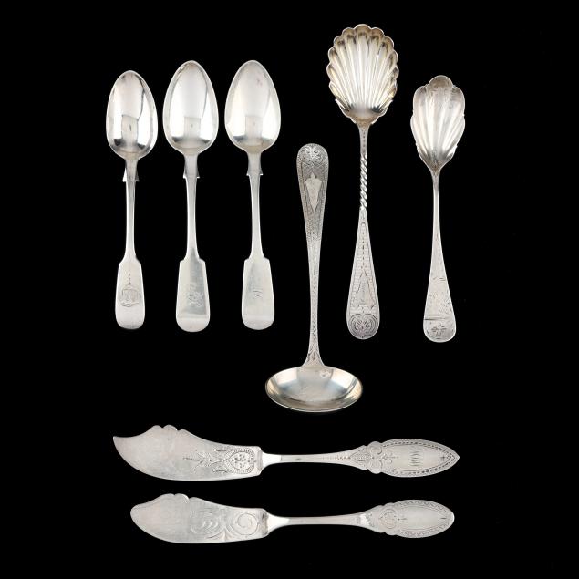 eight-pieces-of-coin-silver-flatware-most-are-retailed-by-a-e-warner