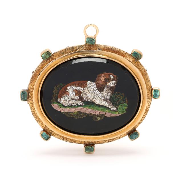 antique-gold-and-gem-set-micromosaic-dog-motif-pendant
