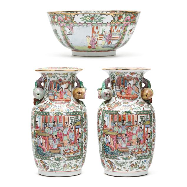 pair-of-large-chinese-export-rose-mandarin-vases-and-punch-bowl