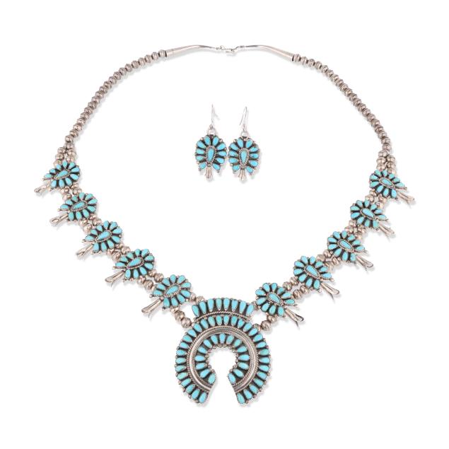 southwestern-silver-and-turquoise-squash-blossom-necklace-and-dangle-earrings