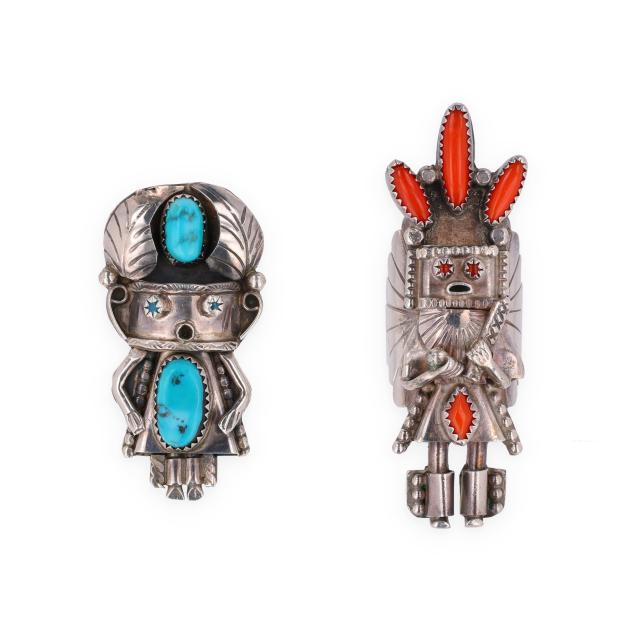 two-southwestern-silver-and-gem-set-kachina-motif-rings