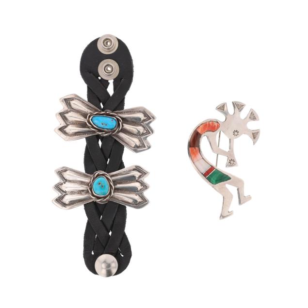 silver-leather-and-turquoise-cuff-and-silver-kokopelli-motif-brooch